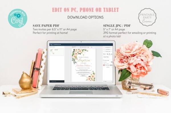 Girl Baptism printable invitation, Blush pink floral watercolor, instant download, Baptism invitations, gold and pink, editable template - Image 2
