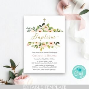 Floral Baptism invitation girl, Editable template, Baptism invite Girl, Peach watercolor, printable invitation, Greenery Baptism