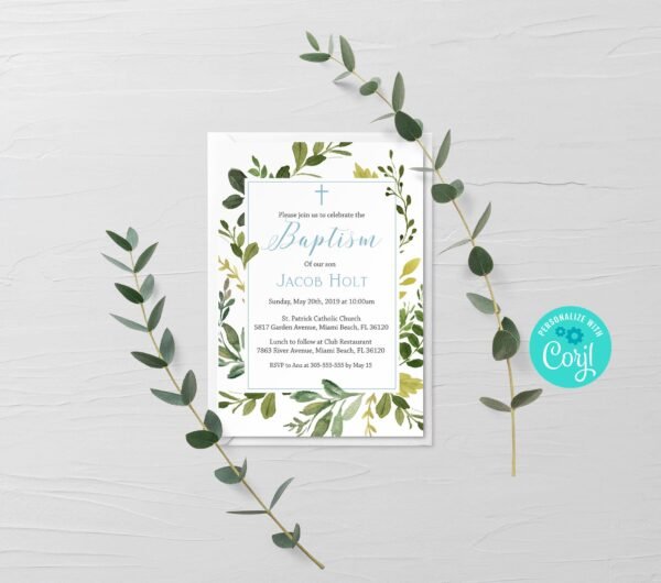 Boy Baptism invitation, Greenery Baptism invite, Printable invitation, Christening invite, Editable template, 5x7