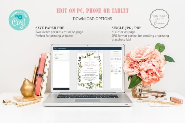Greenery Baptism invitation girl, printable invitation, Editable template Baptism, green leaf watercolor invite, instant download, 5x7 - Image 2