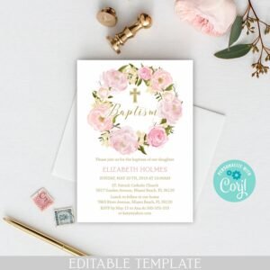 Floral Blush Baptism Invitation Girl, Printable invitation, Girl Baptism invite, Editable template, Blush pink watercolor