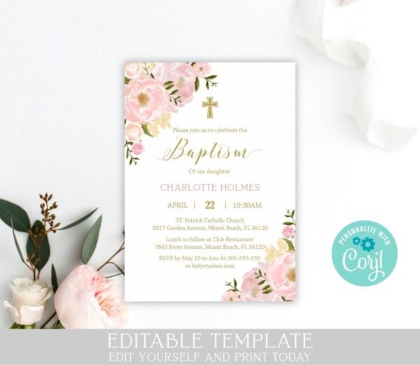 Floral Baptism Invitation Girl, Editable template, Printable invitation, Girl Baptism invite, Blush pink watercolor