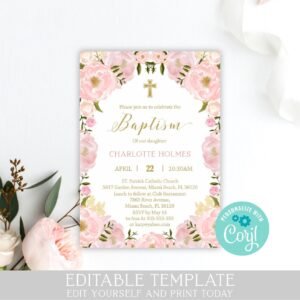 Floral Baptism Invitation Girl, Girl Baptism invite, Editable template, Printable invitation, Blush pink watercolor