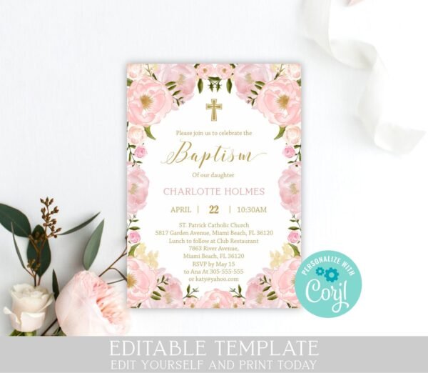 Floral Baptism Invitation Girl, Girl Baptism invite, Editable template, Printable invitation, Blush pink watercolor