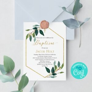 Greenery Baptism invitation Boy or Girl, Baptism Invites for Twins or Siblings, Editable Template, Printable, Neutral Gender, Gold, 5x7