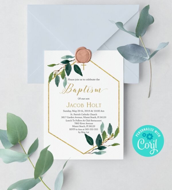 Greenery Baptism invitation Boy or Girl, Baptism Invites for Twins or Siblings, Editable Template, Printable, Neutral Gender, Gold, 5x7