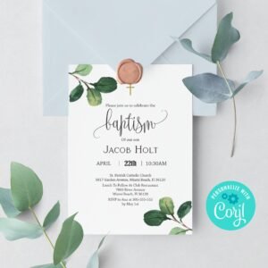 Greenery Baptism Invites for Twins or Siblings