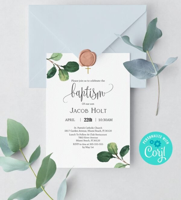 Greenery Baptism Invites for Twins or Siblings