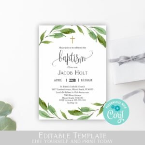 Boy Baptism printable invitation, Girl Baptism invite, Greenery Baptism Invites for Twins or Siblings, Editable Template, Size 5x7