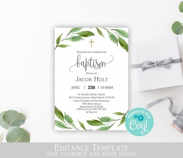 Boy Baptism printable invitation, Girl Baptism invite, Greenery Baptism Invites for Twins or Siblings, Editable Template, Size 5x7