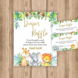 Safari Diaper Raffle Sign, Jungle diaper raffle tickets, printable sign, Gender neutral, Jungle animals, Table sign decoration