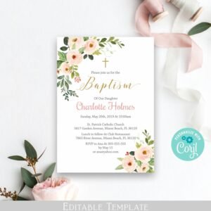 Girl Baptism printable invitation, Blush pink floral watercolor, instant download, Baptism invitations, gold and pink, editable template