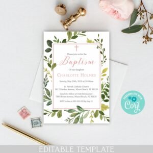 Greenery Baptism invitation girl, printable invitation, Editable template Baptism, green leaf watercolor invite, instant download, 5x7