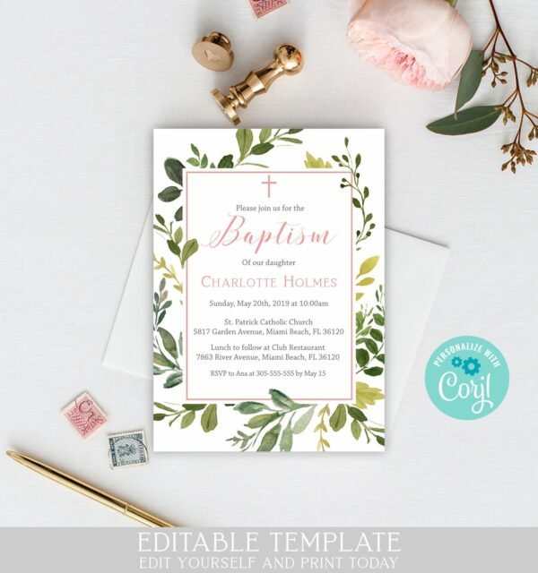 Greenery Baptism invitation girl, printable invitation, Editable template Baptism, green leaf watercolor invite, instant download, 5x7