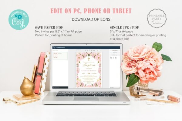 Floral Baptism Invitation Girl, Girl Baptism invite, Editable template, Printable invitation, Blush pink watercolor - Image 2