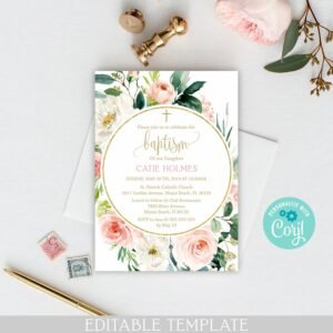 Baptism invitation girl, Printable invitation Girl Baptism, Girl Christening, Editable template, Floral blush watercolor, size 5x7