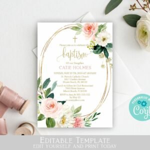 Baptism invitation Girl, Floral Girl Baptism, Printable invitation, Christening invite, Editable template, Floral blush watercolor, size 5x7