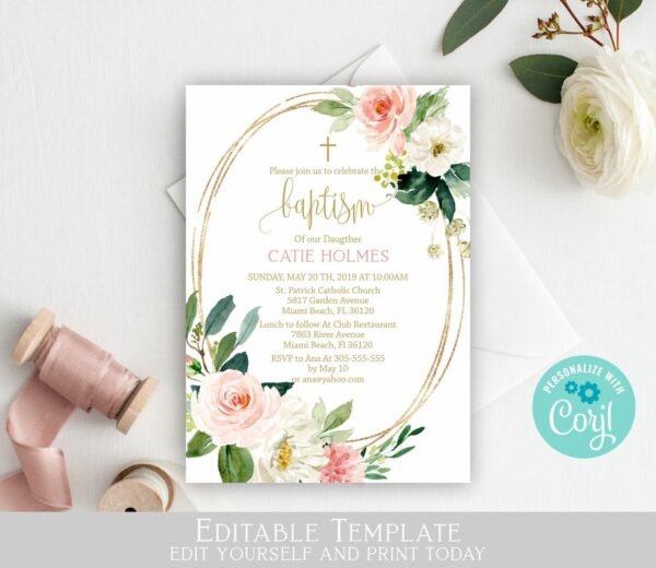 Baptism invitation Girl, Floral Girl Baptism, Printable invitation, Christening invite, Editable template, Floral blush watercolor, size 5x7