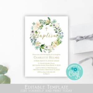 Baptism invitation Boy or Girl, Invitation for Twins or Siblings, Floral White and Gold, Editable Template, Printable, Neutral Gender