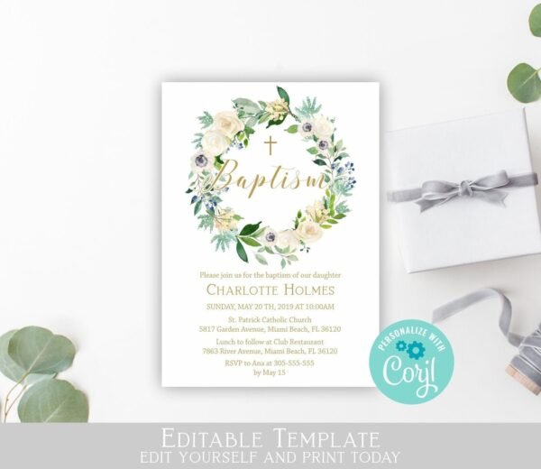 Baptism invitation Boy or Girl, Invitation for Twins or Siblings, Floral White and Gold, Editable Template, Printable, Neutral Gender