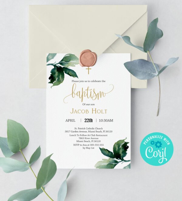 Baby Boy Baptism, Greenery Baptism Invites for Twins or Siblings, Girl Baptism invite, Editable Template, Printable invitation, Gold, 5x7