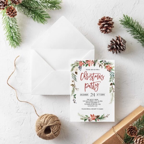 Christmas Party invitation, Editable invite, Holiday party invite, Printable invitation, Floral Christmas watercolor, Eve flowers garland - Image 2