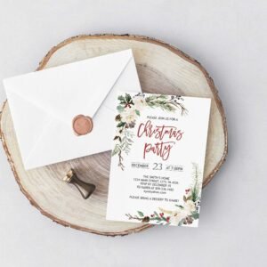 Printable Christmas Party Invitation, Holiday Party invite, Christmas floral watercolor, editable invitation, Xmax, CHRINV003