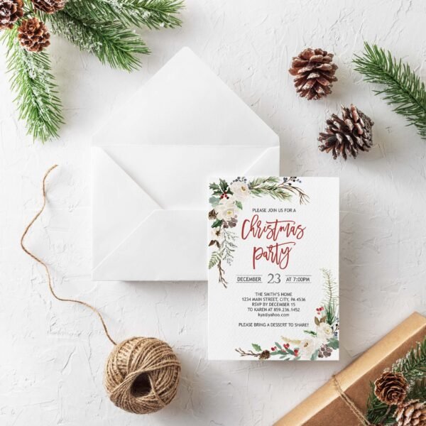 Printable Christmas Party Invitation, Holiday Party invite, Christmas floral watercolor, editable invitation, Xmax, CHRINV003 - Image 2