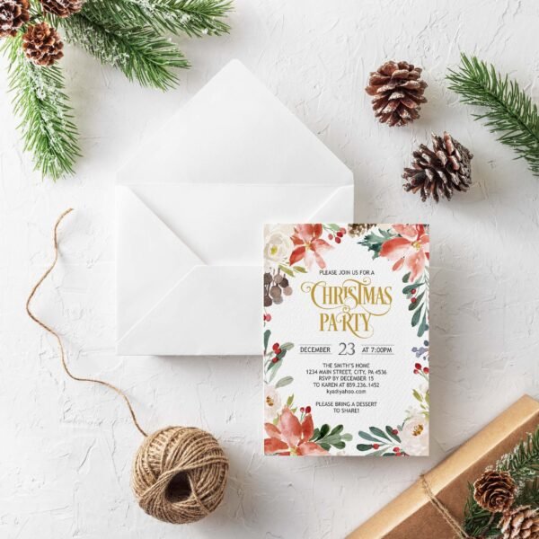 Christmas Party Invitations, Printable invitation template, Holiday Party Invite, Christmas Eve Flowers, Christmas Card, xmax, CHRINV006 - Image 2