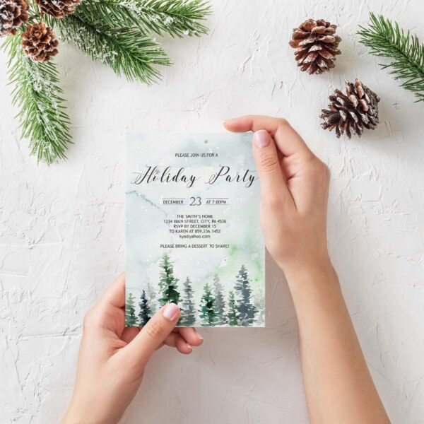 Holiday Party Invitation Template, Christmas Party Invitation, Printable invitation, Pine Tree, Winter, Snow, CHRINV0011 - Image 2