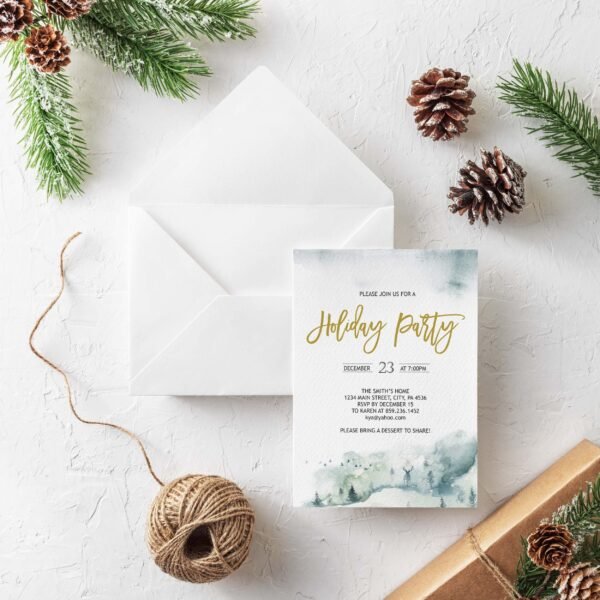 Rustic Christmas Party Invitation, Holiday Invitation Template, Printable invitation, Winter, Deer, Pine Tree, CHRINV0010 - Image 2