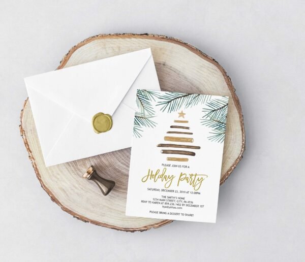 Rustic Christmas Party Invitation, Pine Tree Holiday Party Invitation Template, Printable Invitation, Pine Branches, Christmas Recycled