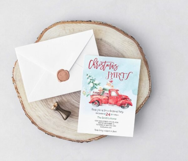 Winter Truck Christmas Party Invitation, Holiday Invitation Editable Template, Printable invitation, Christmas Pine Tree, CHRINV0019