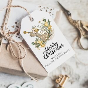 Christmas Gift Tag printable, Holiday Favor Tags, Angel Merry Christmas, Cristmas Cookie Exchange tag, Editable template