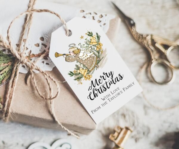 Christmas Gift Tag printable, Holiday Favor Tags, Angel Merry Christmas, Cristmas Cookie Exchange tag, Editable template