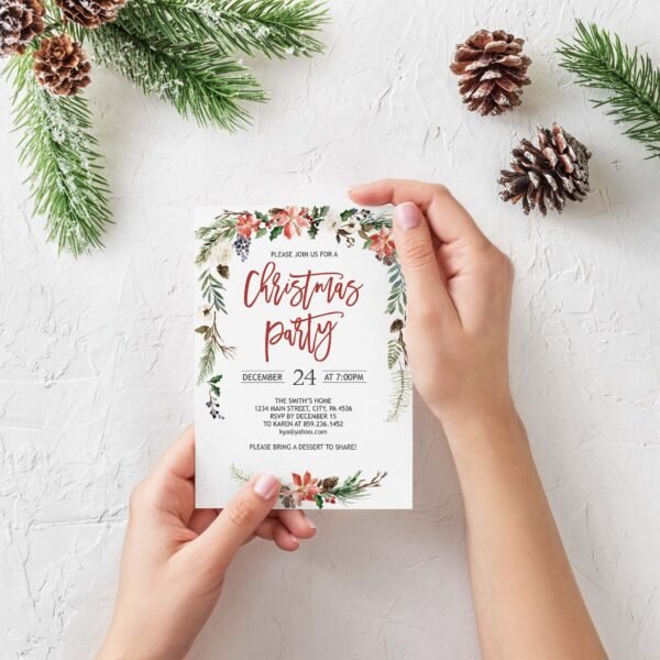 Christmas Party invitation, Editable invite, Holiday party invite, Printable invitation, Floral Christmas watercolor, Eve flowers garland