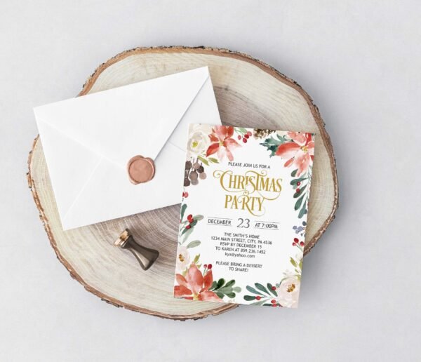 Christmas Party Invitations, Printable invitation template, Holiday Party Invite, Christmas Eve Flowers, Christmas Card, xmax, CHRINV006