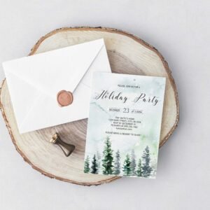Holiday Party Invitation Template, Christmas Party Invitation, Printable invitation, Pine Tree, Winter, Snow, CHRINV0011