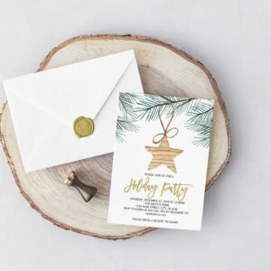 Rustic Christmas Party Invitation, Star Holiday Party Invitation, Printable Invitation, Pine Branches, Christmas Recycled, CHR04