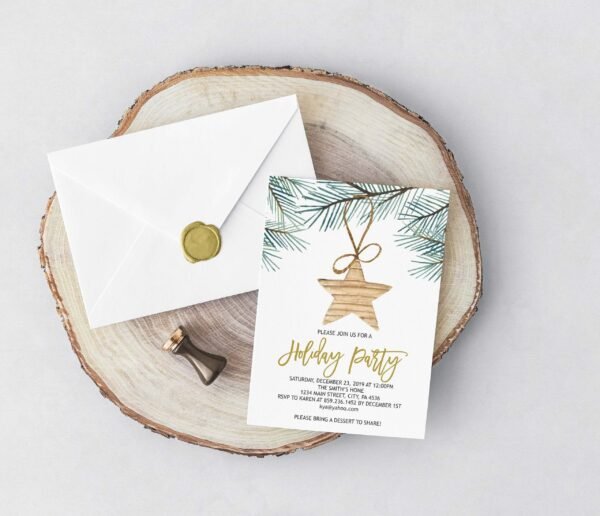 Rustic Christmas Party Invitation, Star Holiday Party Invitation, Printable Invitation, Pine Branches, Christmas Recycled, CHR04
