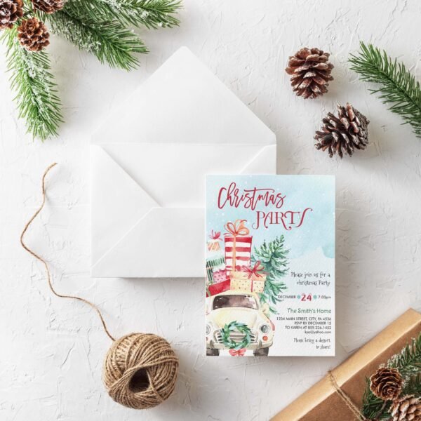 Retro Christmas Car Invitation Template, Vintage Christmas Party Invitation, Printable invitation, CHRINV0018 - Image 2