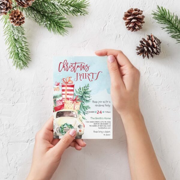 Retro Christmas Car Invitation Template, Vintage Christmas Party Invitation, Printable invitation, CHRINV0018