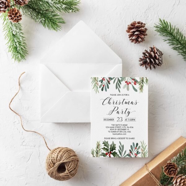 Christmas Party Invitation, Editable Template, Holiday Party Invitation Pine Branches, Christmas Office Card, CHR06 - Image 2