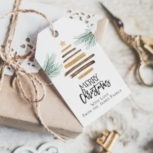 Rustic Christmas Favor Tag, Printable Christmas Gift Tag, Pine Tree Holiday Favor Tags, Editable Template