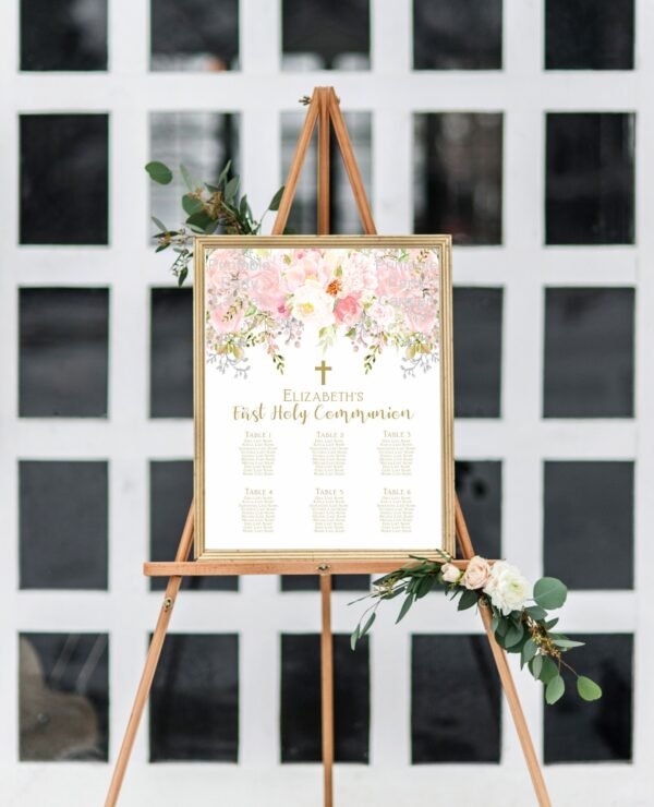 First holy communion welcome sign girl, 1st communion poster, communion decoration, printable sign, blush and gold, floral watercolor FC18 - Image 2