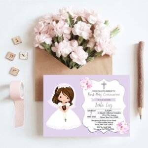 First Communion invitation girl, Printable Invitation, Floral Watercolor, Purple and Silver, Personalized invitation, FC03