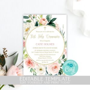 First communion invitation girl, printable invitation, 1st communion, floral blush watercolor, instant download, size 5x7, FC05