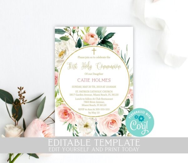 First communion invitation girl, printable invitation, 1st communion, floral blush watercolor, instant download, size 5x7, FC05