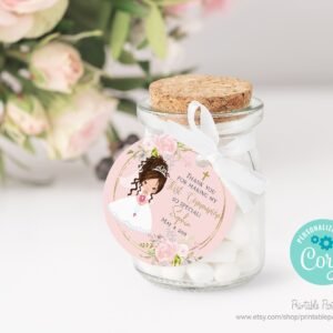 First Holy Communion Printable favor tags, Girl First Communion, Communion Gift Tags, Editable template, Curly Brunette Girl, FC01