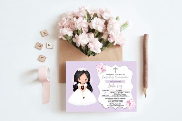 First Communion invitation girl, Printable Invitation, Floral Watercolor, Purple and Silver, Personalized invitation, FC03 - Image 4